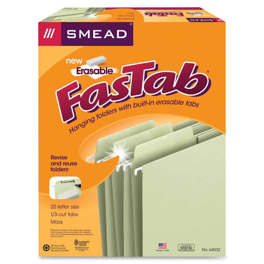 Smead FasTab 1/3 Tab Cut Letter Recycled Hanging Folder - 8 1/2" x 11" - Top Tab Location - Assorted Position Tab Position - Moss - 10% Recycled - 20 / Box. Picture 10