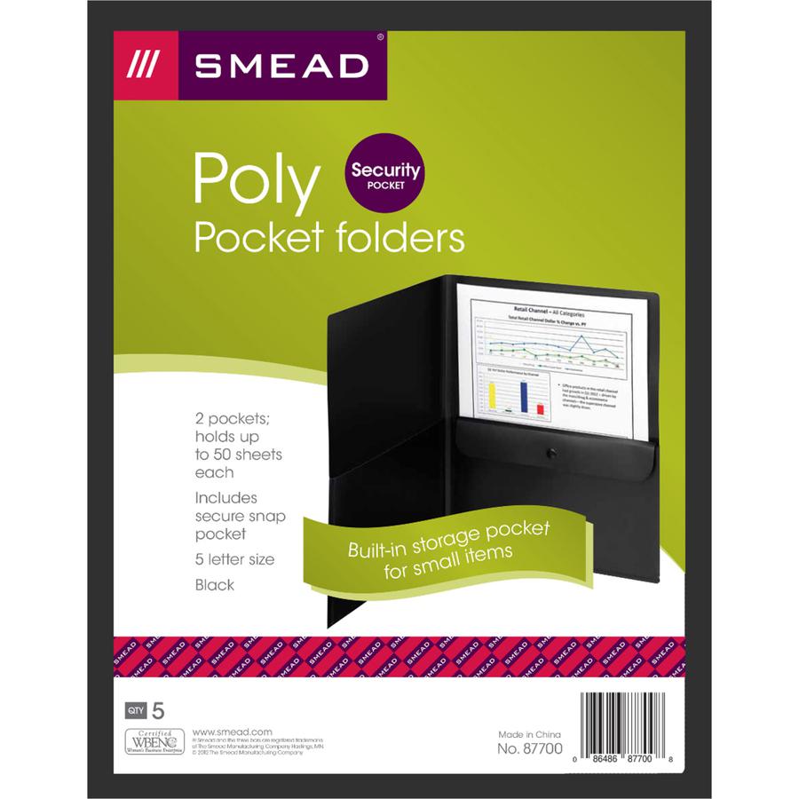 Smead Poly Two-Pocket Folders with Security Pocket - Letter - 8 1/2" x 11" Sheet Size - 50 Sheet Capacity - 2 Pocket(s) - Polypropylene - Black - 5 / Pack. Picture 3