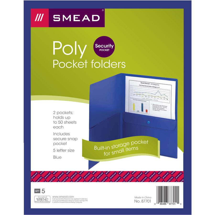 Smead Poly Two-Pocket Folders with Security Pocket - Letter - 8 1/2" x 11" Sheet Size - 50 Sheet Capacity - 2 Pocket(s) - Polypropylene - Dark Blue - 5 / Pack. Picture 6