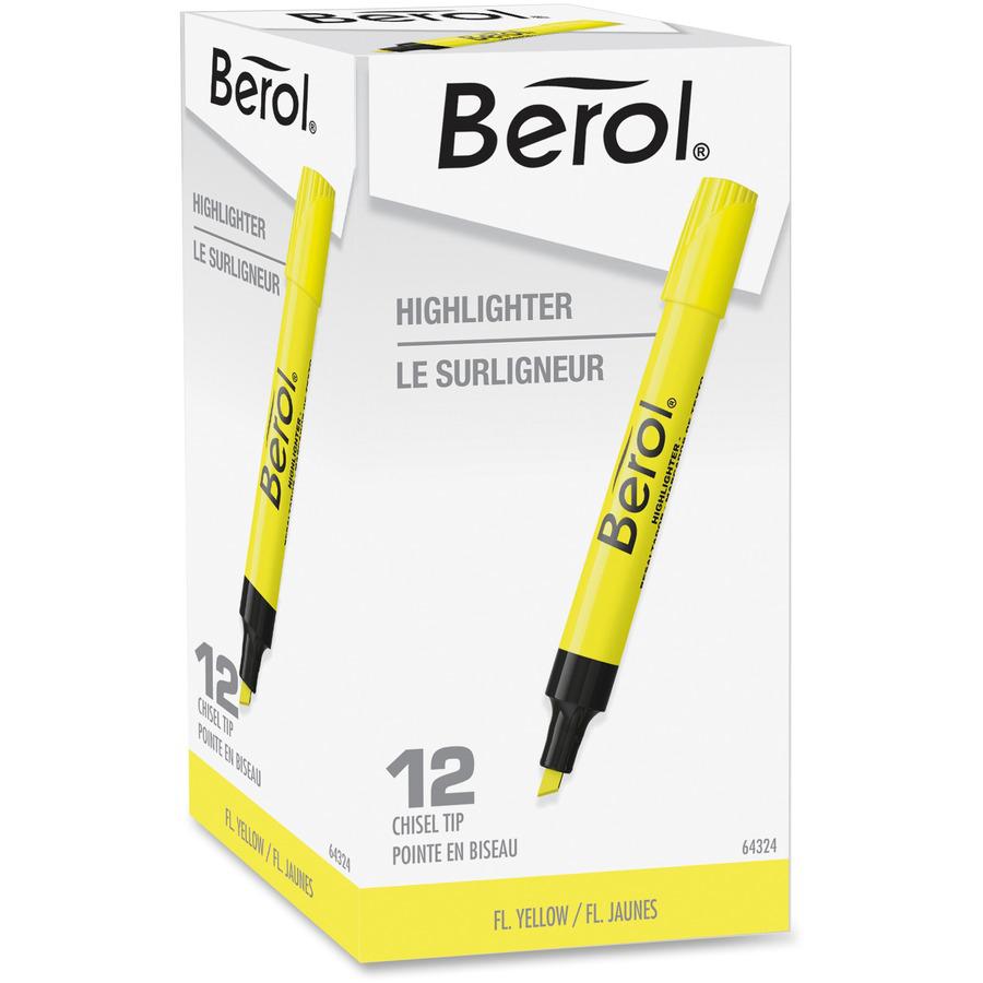Berol Chisel Tip Water-based Highlighters - Chisel Marker Point Style - Fluorescent Yellow Water Based Ink - Fluorescent Yellow Barrel - 1 Dozen. Picture 4