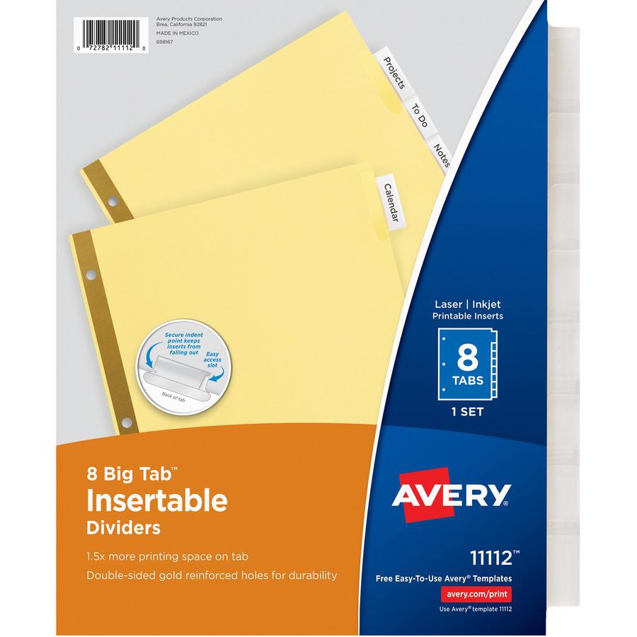 Avery&reg; Big Tab Insertable Dividers - 192 x Divider(s) - 8 Tab(s) - 8 - 8 Tab(s)/Set - 8.5" Divider Width x 11" Divider Length - 3 Hole Punched - Buff Paper Divider - Clear Plastic Tab(s) - Recycle. Picture 5