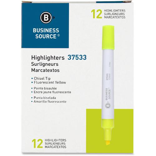 Business Source Chisel Tip Yellow Value Highlighter - Chisel Marker Point Style - Yellow - White Barrel - 1 Dozen. Picture 7