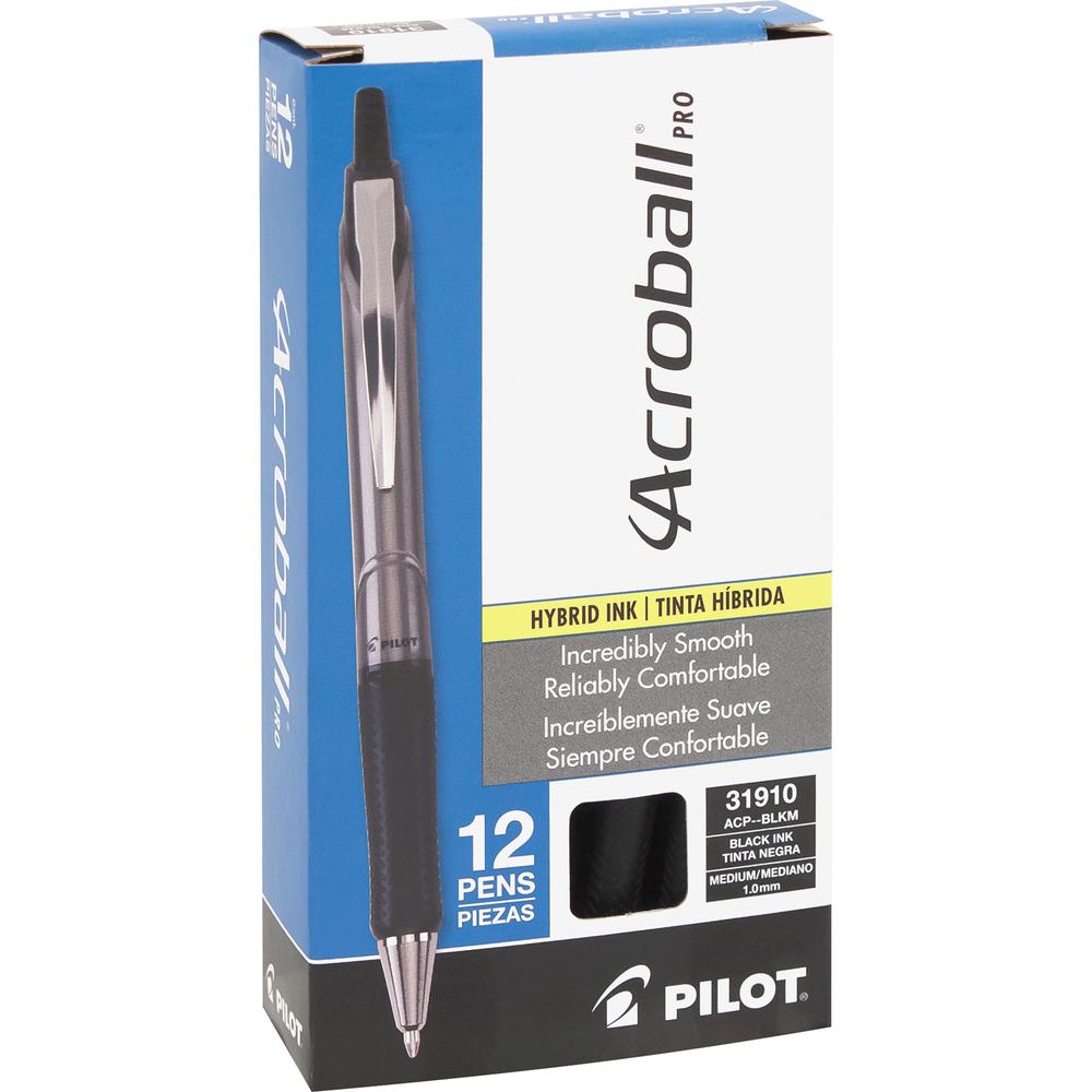 Pilot Acroball Pro Hybrid Ink Ballpoint Pen - Medium Pen Point - 1 mm Pen Point Size - Refillable - Retractable - Black Advanced Ink Ink - Silver Barrel - Tungsten Carbide Tip - 1 Dozen. Picture 2