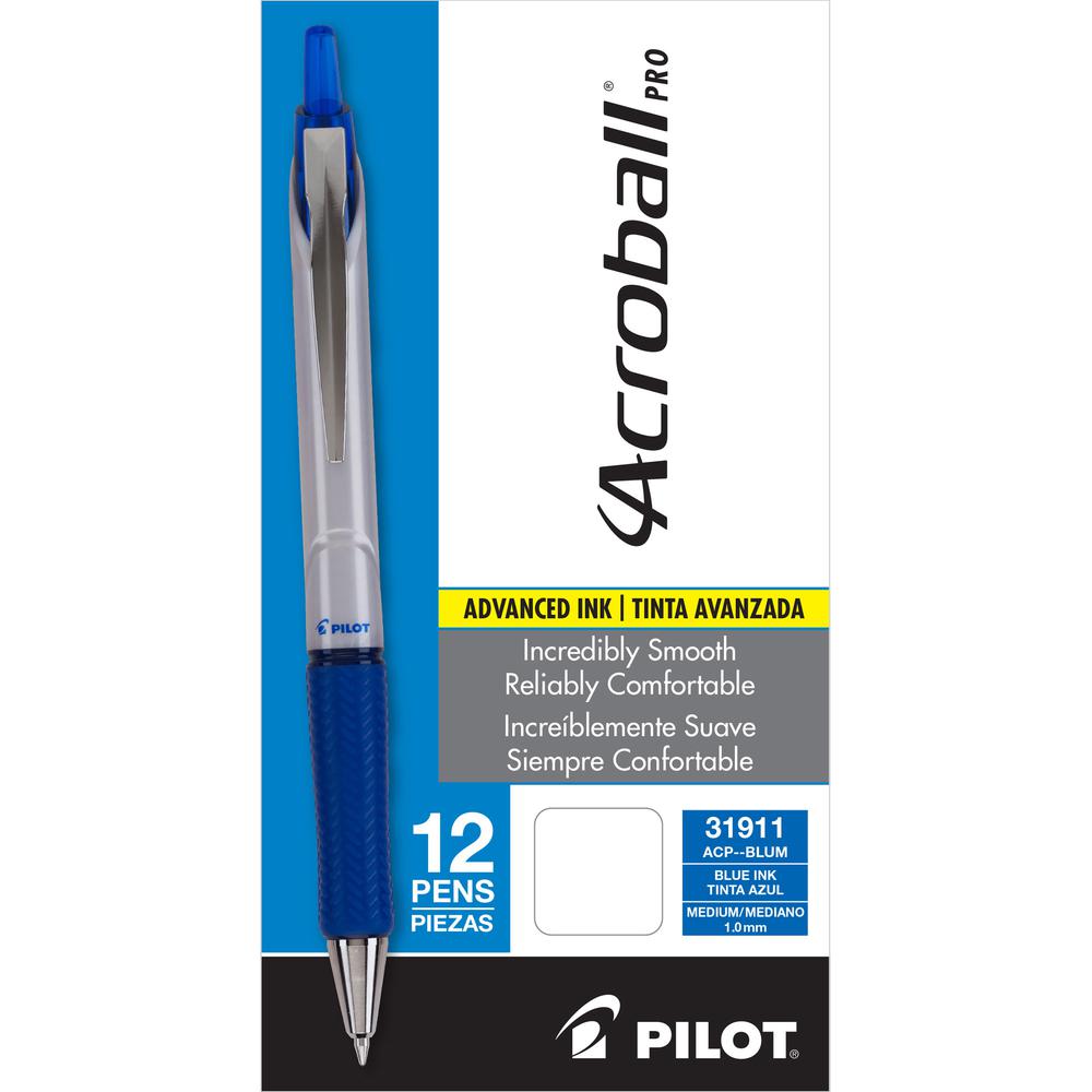 Pilot Acroball Pro Hybrid Ink Ballpoint Pen - Medium Pen Point - 1 mm Pen Point Size - Refillable - Retractable - Blue Advanced Ink Ink - Silver Barrel - Tungsten Carbide Tip - 1 Dozen. Picture 2