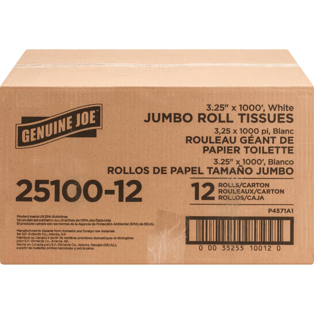 Genuine Joe 2-ply Jumbo Roll Dispnsr Bath Tissue - 2 Ply - 3.25" x 1000 ft - 9" Roll Diameter - White - Nonperforated, Unscented - 12 / Carton. Picture 5