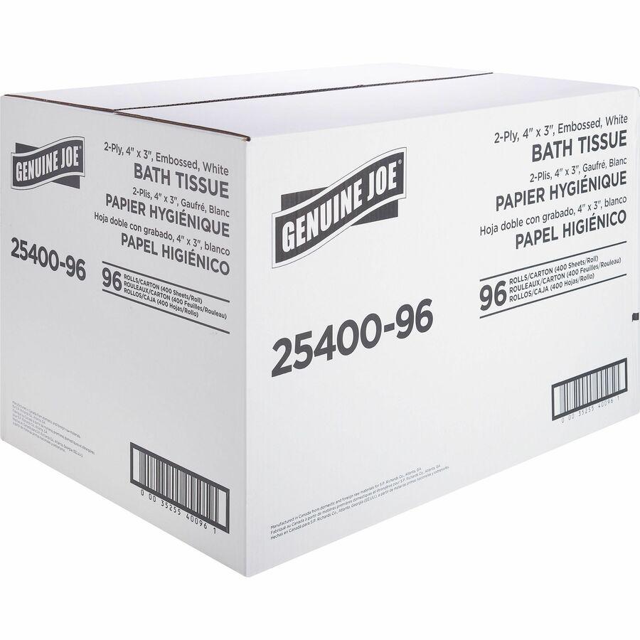 Genuine Joe 2-ply Standard Bath Tissue Rolls - 2 Ply - 3" x 4" - 400 Sheets/Roll - 1.63" Core - White - 96 / Carton. Picture 7