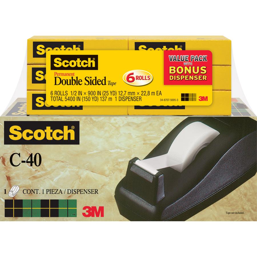 Scotch Permanent Double-Sided Tape - 1/2"W - 25 yd Length x 0.50" Width - 1" Core - Dispenser Included - Desktop Dispenser - For Mounting, Poster, Presentation, Project, Office - 6 / Pack - Clear. Picture 4