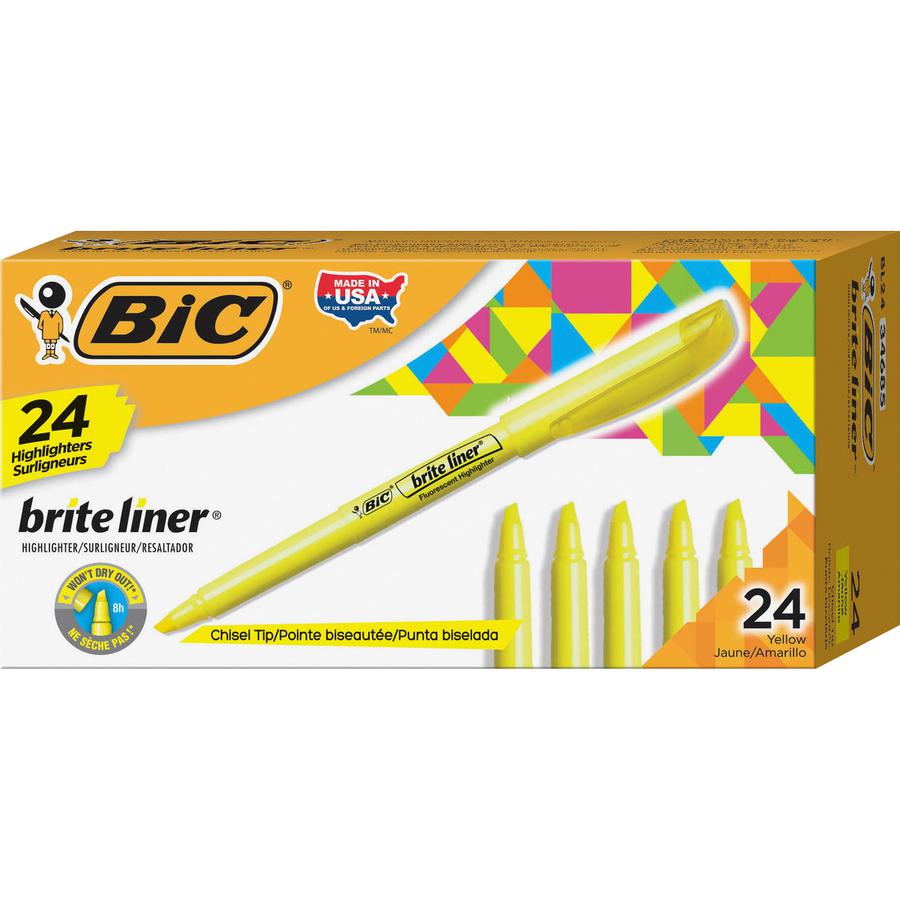 BIC Brite Liner Highlighters - Chisel Marker Point Style - Fluorescent Yellow Water Based Ink - 24 / Box. Picture 6