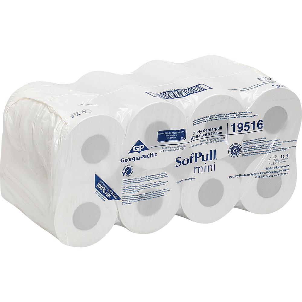 SofPull Centerpull Mini Toilet Paper - 2 Ply - 5.25" x 8.50" - 500 Sheets/Roll - White - Fiber - 16 Rolls Per Carton - 16 / Carton. Picture 2