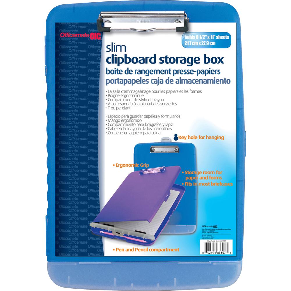 Officemate Slim Clipboard Storage Box - 1" Clip Capacity - 8 1/2" x 11" - Blue - 1 Each. Picture 2