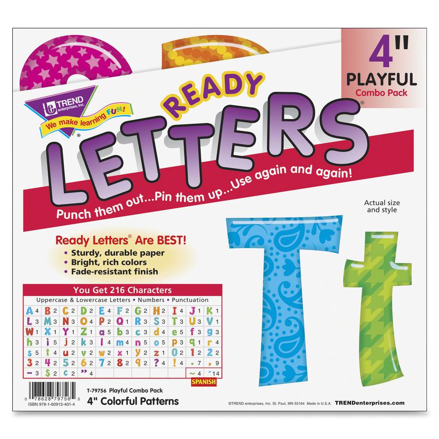 Trend Colorful Patterns 4-inch Ready Letters - Learning Theme/Subject - 59 x Uppercase Letters, 84 x Lowercase Letters, 20 x Numbers, 35 x Punctuation Marks, 18 x Spanish Accent Mark Shape - Fade Resi. Picture 4