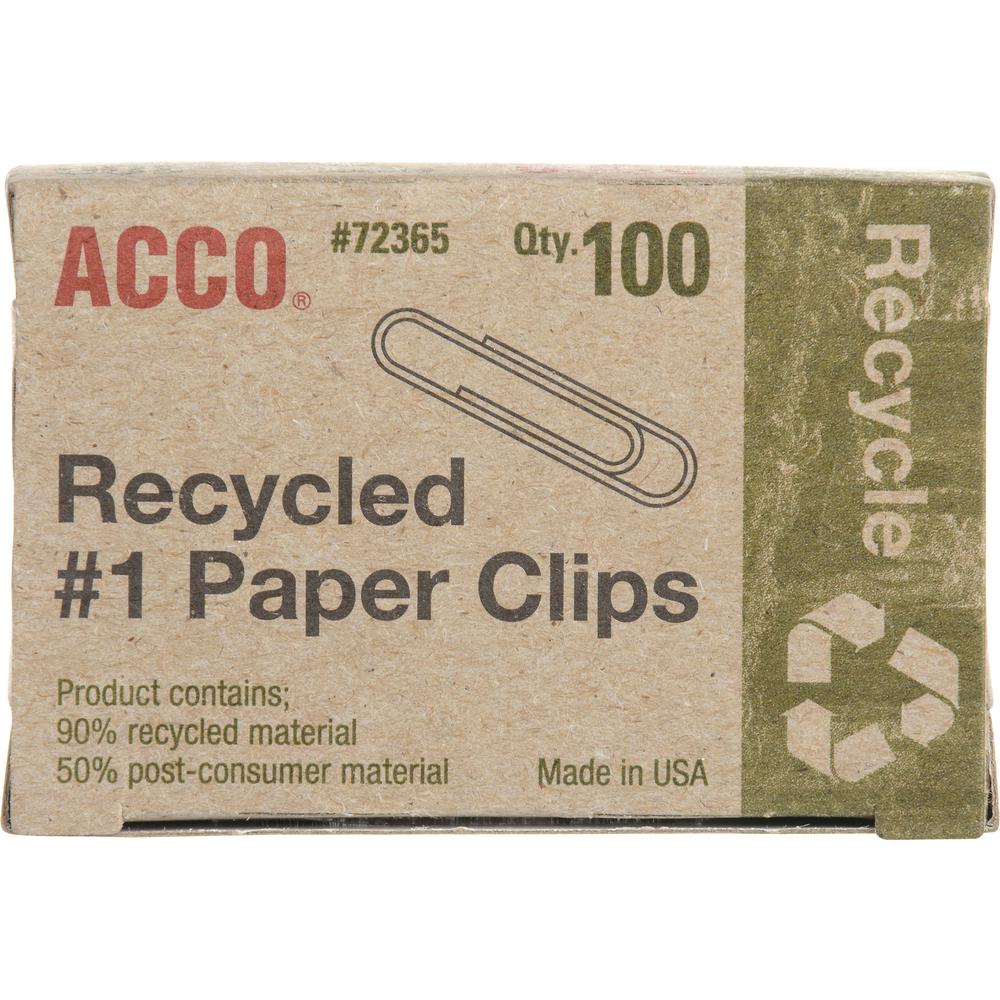 ACCO Recycled Paper Clips - No. 1 - 1.3" Length - 10 Sheet Capacity - Durable, Reusable - 1000 / Pack - Silver - Metal. Picture 3