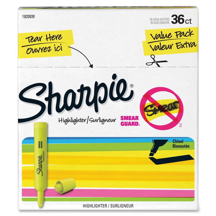 Sharpie SmearGuard Tank Style Highlighters - Narrow, Wide Marker Point - Chisel Marker Point Style - Fluorescent Yellow - 36 / Pack. Picture 7
