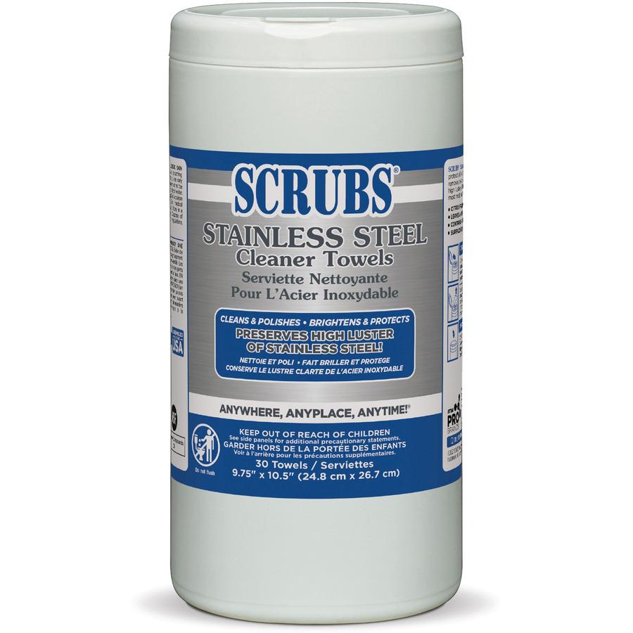 SCRUBS Stainless Steel Cleaner Wipes - For Stainless Steel, Aluminum, Copper, Brass, Chrome - Citrus Scent - 10.50" Length x 9.75" Width - 30 / Canister - 6 / Carton - Corrosion Resistant - Yellow. Picture 3