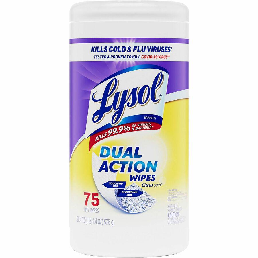 Lysol Dual Action Wipes - For Multipurpose - Citrus Scent - 7" Length x 7.25" Width - 75 / Canister - 6 / Carton - Pre-moistened, Anti-bacterial - White/Purple. Picture 8