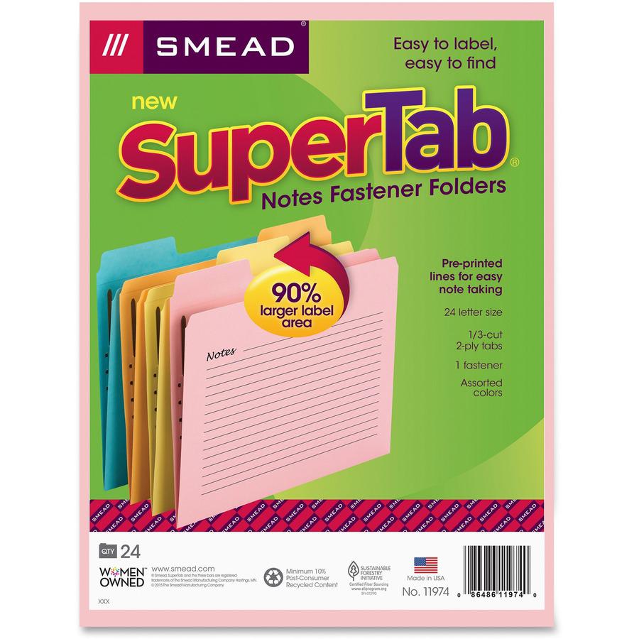 Smead SuperTab 1/3 Tab Cut Letter Recycled Top Tab File Folder - 8 1/2" x 11" - 1 x 2K Fastener(s) - Top Tab Location - Pink, Yellow, Goldenrod, Aqua - 10% Recycled - 24 / Pack. Picture 3