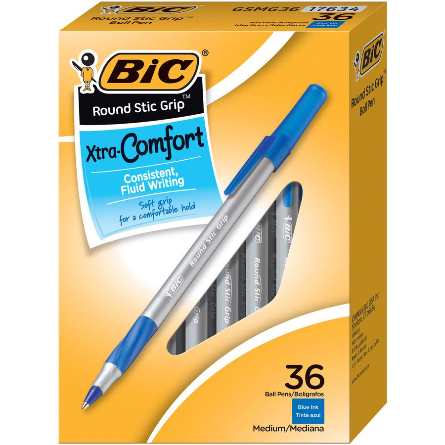 BIC Round Stic Grip Ballpoint Pen - Medium Pen Point - 1.2 mm Pen Point Size - Blue - Brass Tip - 36 / Box. Picture 2