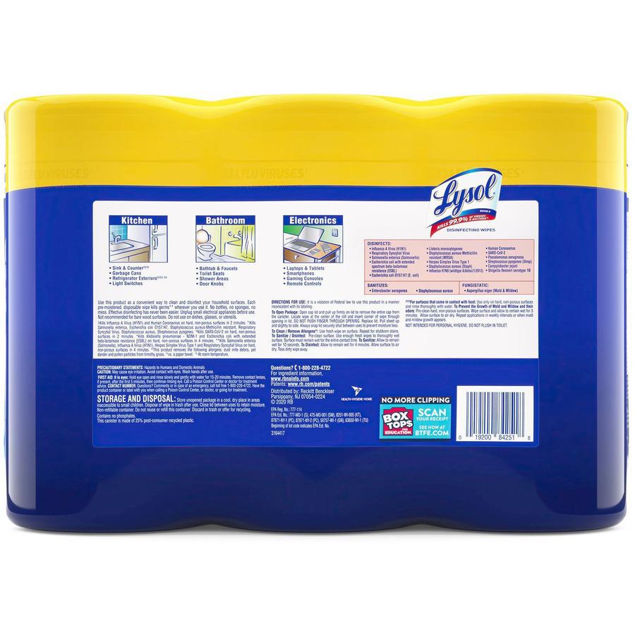 Lysol Lemon/Lime Disinfecting Wipes - For Multi Surface, Multipurpose - Lemon, Lime Blossom Scent - 80 / Canister - 6 / Carton - Pre-moistened, Deodorize, Disinfectant, Anti-bacterial - White. Picture 8