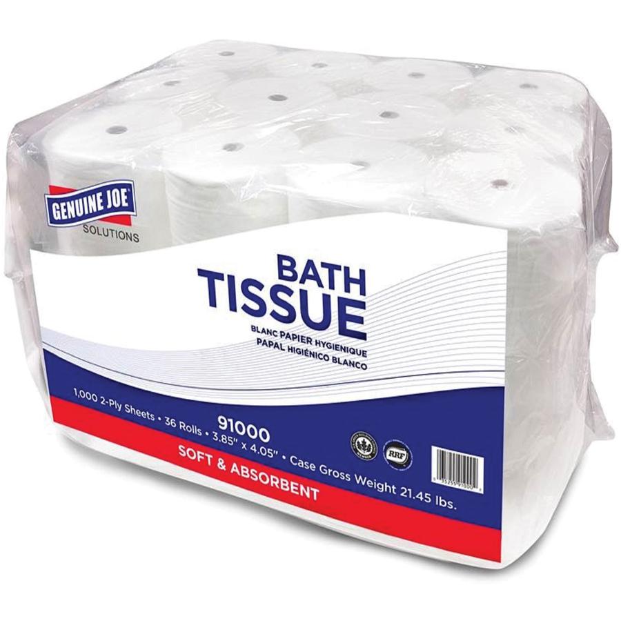 Genuine Joe Solutions Double Capacity Bath Tissue - 2 Ply - 1000 Sheets/Roll - 0.71" Core - White - Virgin Fiber - 36 / Carton. Picture 13