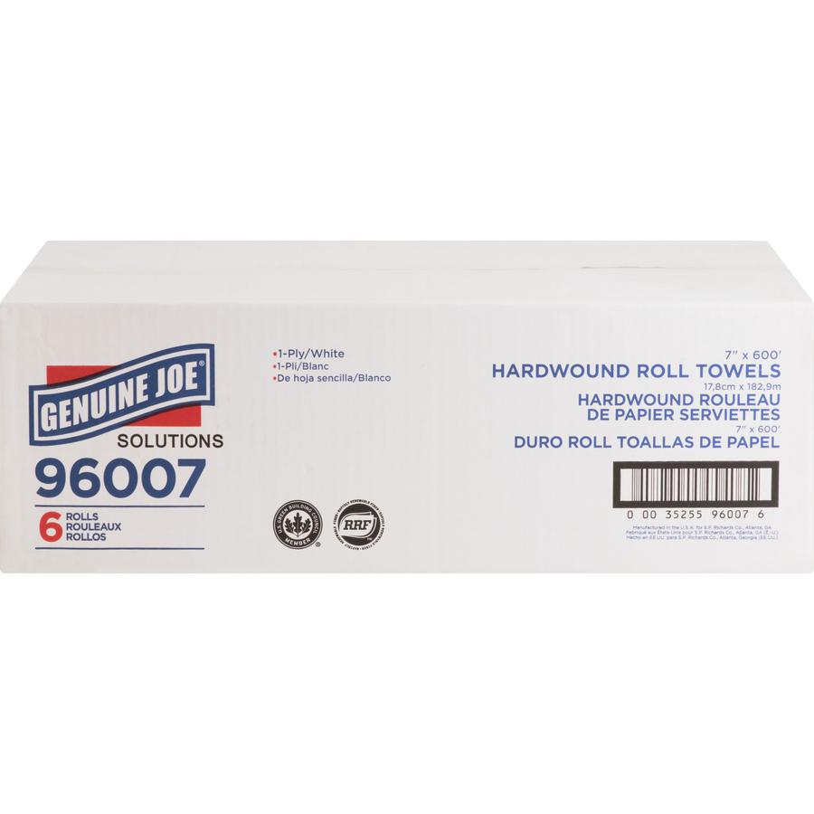 Genuine Joe Solutions 1-ply Hardwound Towels - 1 Ply - 7" x 600 ft - 0.98" Core - White - Virgin Fiber - Embossed, Absorbent, Soft, Chlorine-free, Strong - 6 / Carton. Picture 4