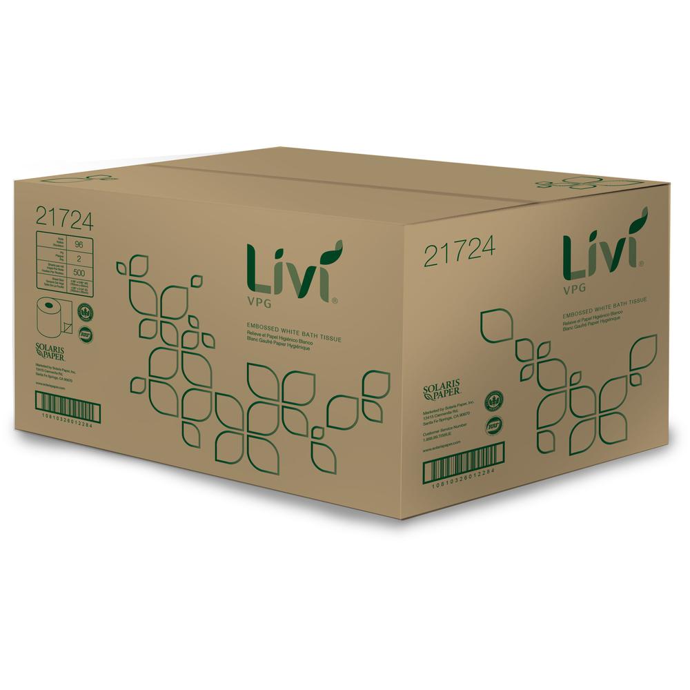 Livi Solaris Paper Two-ply Bath Tissue - 2 Ply - 4.06" x 3.66" - 500 Sheets/Roll - White - Virgin Fiber - Perforated, Embossed, Eco-friendly, Soft, Individually Wrapped - For Bathroom - 96 / Carton. Picture 3