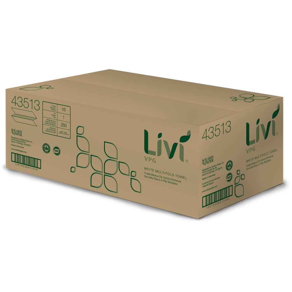 Livi Solaris Paper Multifold Paper Towels - 1 Ply - Multifold - 9.06" x 9.45" - White - Virgin Fiber, Paper - Eco-friendly, Soft, Embossed - For Multipurpose - 250 Per Pack - 16 / Carton. Picture 2