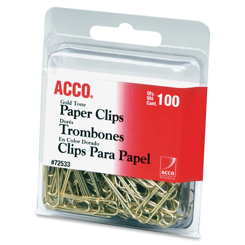 ACCO Gold Tone Paper Clips - No. 2 - 1.4" Length x 0.5" Width - 10 Sheet Capacity - for Office, Home, School, Document, Paper - Sturdy, Flex Resistant, Bend Resistant - 400 / Pack - Gold. Picture 3
