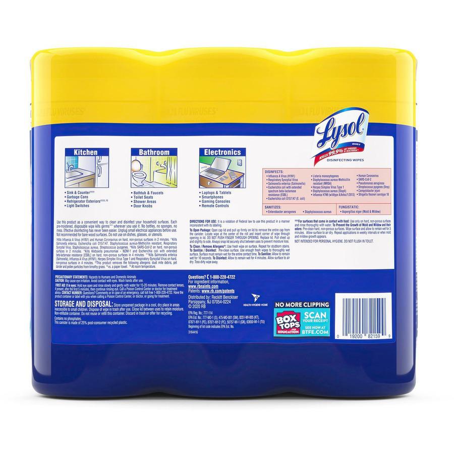 Lysol Disinfecting Wipes 3-pack - Lemon Scent - 35 / Canister - 12 / Carton - Disinfectant, Antibacterial - White. Picture 8