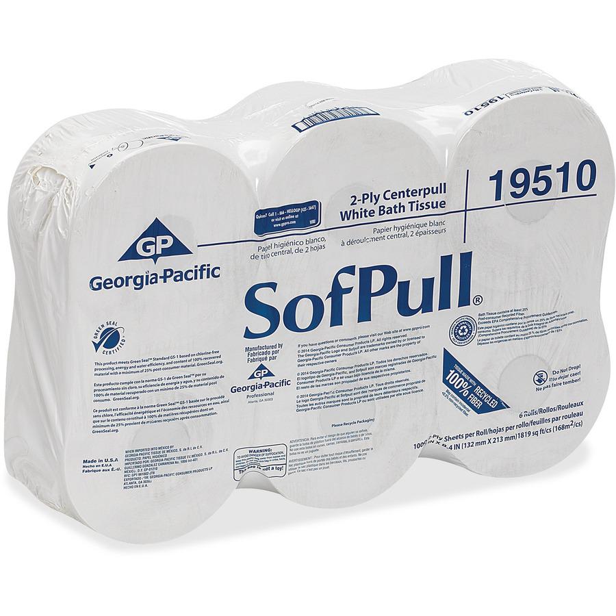 SofPull Centerpull High-Capacity Toilet Paper - 2 Ply - 5.25" x 8.40" - 1000 Sheets/Roll - 8.10" Roll Diameter - White - 6 / Carton. Picture 2
