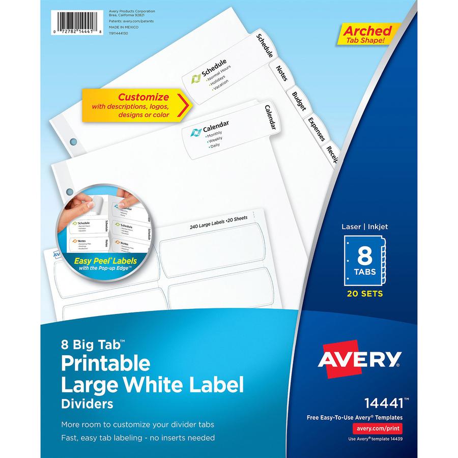 Avery&reg; Big Tab Printable Large White Dividers with Easy Peel, 8 Tabs - 160 x Divider(s) - 8 - 8 Tab(s)/Set - 8.5" Divider Width x 11" Divider Length - 3 Hole Punched - White Paper Divider - White . Picture 2