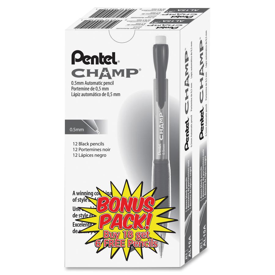 Pentel Champ Mechanical Pencils - HB Lead - 0.5 mm Lead Diameter - Refillable - Black Lead - Black Barrel - 24 / Pack. Picture 3