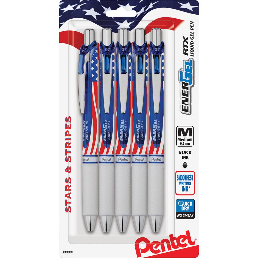 EnerGel EnerGel Stars & Stripes Liquid Gel Pens - 0.7 mm Pen Point Size - Retractable - Black - 5 / Pack. Picture 2