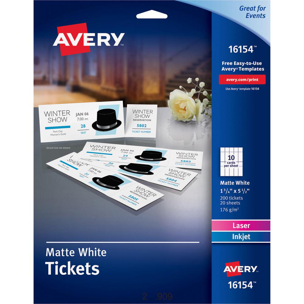 Avery&reg; Blank Tickets with Tear-Away Stubs - 1 3/4" Width x 5 1/2" Length - Laser, Inkjet - Matte White - 20 / Sheet - 1000 / Carton. Picture 2