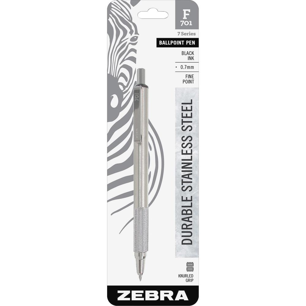 Zebra Pen STEEL 7 Series F-701 Retractable Ballpoint Pen - 0.7 mm Pen Point Size - Refillable - Retractable - Black - Stainless Steel Barrel - 6 / Box. Picture 4