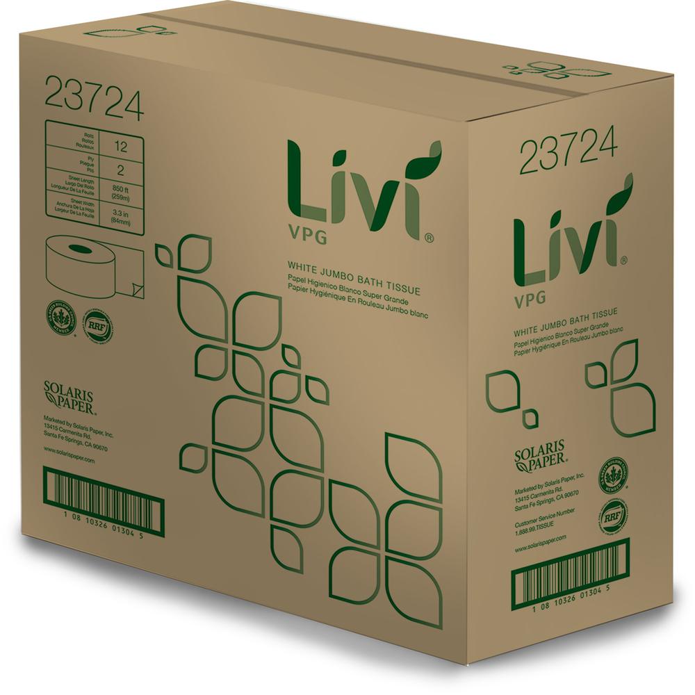 Livi Jumbo Bath Tissue - 2 Ply - 3.30" x 850 ft - 3.30" Core - White - Fiber - 12 / Carton. Picture 4