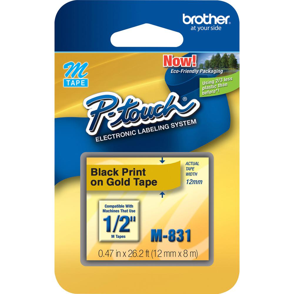 Brother P-touch Nonlaminated M Series Tape Cartridge - 1/2" Width - Rectangle - Black, Gold - 3 / Bundle. Picture 2