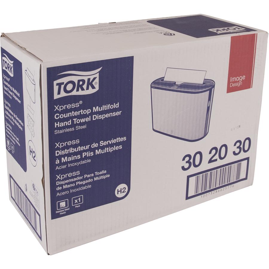 TORK Xpress Countertop Multifold Hand Towel Dispenser - Multifold Dispenser - 7.9" Height x 12.7" Width x 4.6" Depth - Plastic, Metal - Stainless - Compact, Lockable - 1. Picture 4