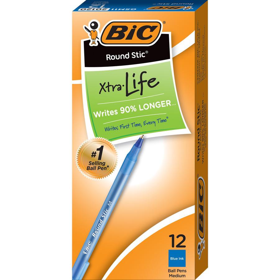 BIC Round Stic Ballpoint Pens - Medium Pen Point - Blue - Blue Barrel - 72 / Bundle. Picture 4