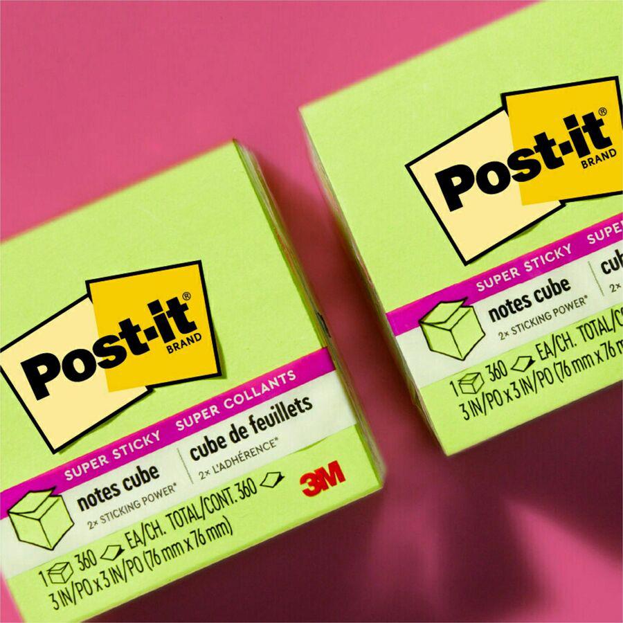 Post-it&reg; Super Sticky Notes Cube - 3" x 3" - Square - 360 Sheets per Pad - Guava, Acid Lime, Aqua Splash - Paper - Sticky, Recyclable - 1 / Pack. Picture 8