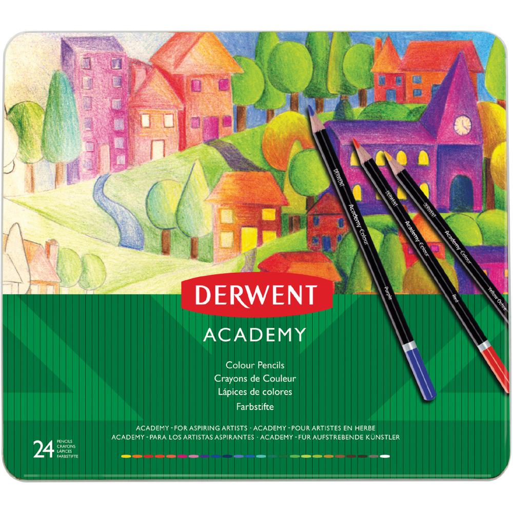 Derwent Academy Color Pencils - 3.3 mm Lead Diameter - Acid Yellow, Cadmium Yellow, Orange, Deep Red, Red, Rose, Bright Pink, Purple, Ultramarine, Light Blue, Blue, ... Lead - Wood Barrel - 24 / Set. Picture 3
