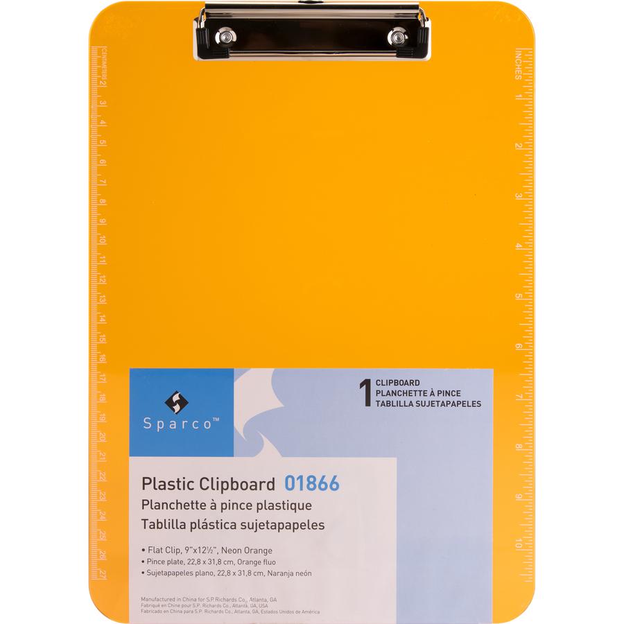 Business Source Flat Clip Clipboard - 9" x 12" - Plastic - Neon Orange - 6 / Bundle. Picture 6