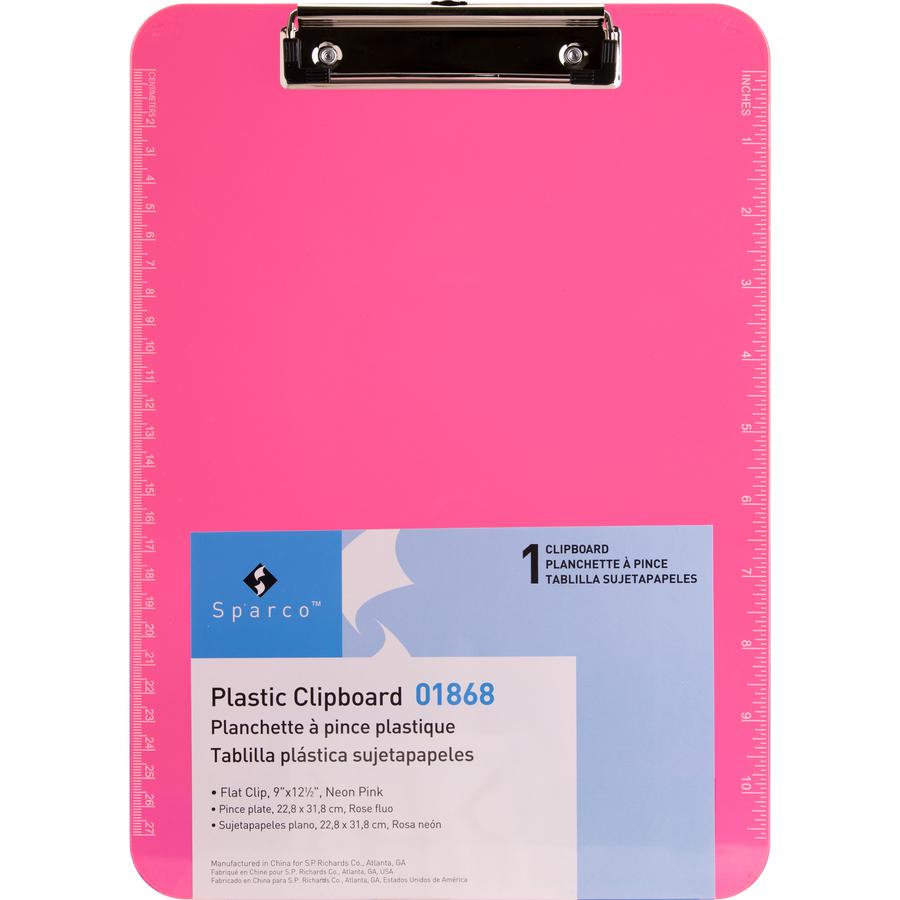 Business Source Flat Clip Clipboard - 9" x 12" - Plastic - Neon Pink - 6 / Bundle. Picture 4