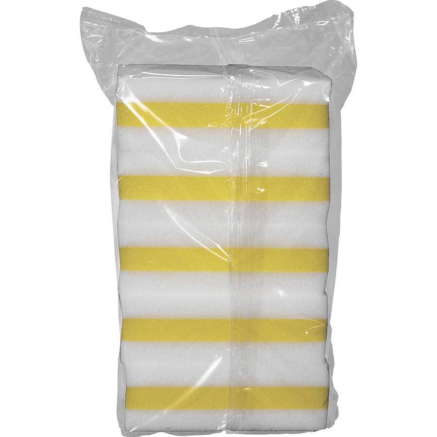 Genuine Joe Dual-Sided Melamine Eraser Amazing Sponges - 4.5" Height x 4.5" Width x 2.8" Depth - 30/Carton - Cellulose - Yellow, White. Picture 4