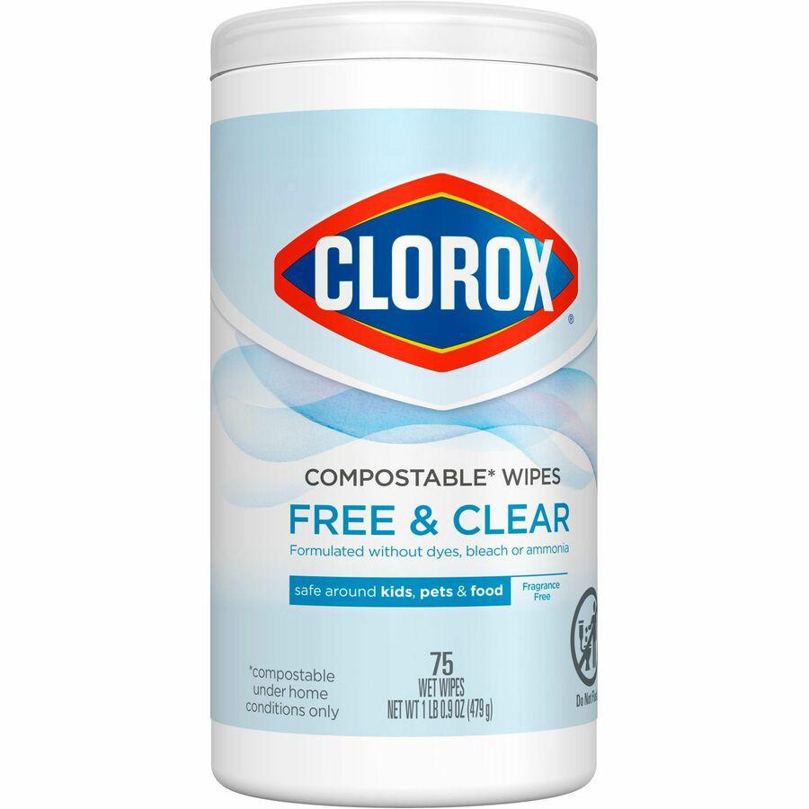 Clorox Free & Clear Compostable All Purpose Cleaning Wipes - 4.25" Length x 4.25" Width - 75.0 / Tub - 1 Each - Bleach-safe, Dye-free, Scent-free, Durable - White. Picture 18