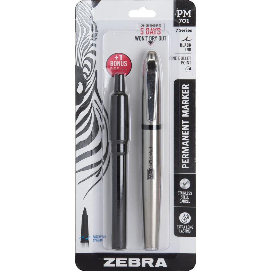 Zebra Pen Fine Bullet Tip PM-701 Permanent Marker - Fine Marker Point - Bullet Marker Point Style - Refillable - Black Alcohol Based Ink - Stainless Steel Stainless Steel Barrel - 1 / Pack. Picture 6