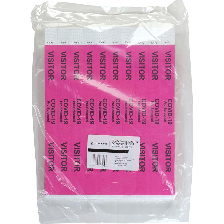 Advantus COVID Prescreened Visitor Wristbands - 3/4" Width x 10" Length - Rectangle - Pink - Tyvek - 500 / Pack. Picture 9