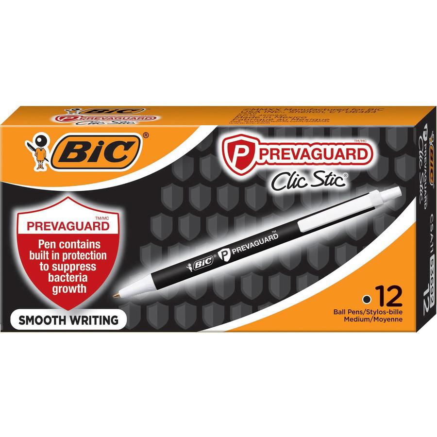 BIC PrevaGuard Clic Stic Antimicrobial Ballpoint Pen - Medium Pen Point - 1 mm Pen Point Size - Retractable - Black - Black Barrel - 1 Dozen. Picture 3