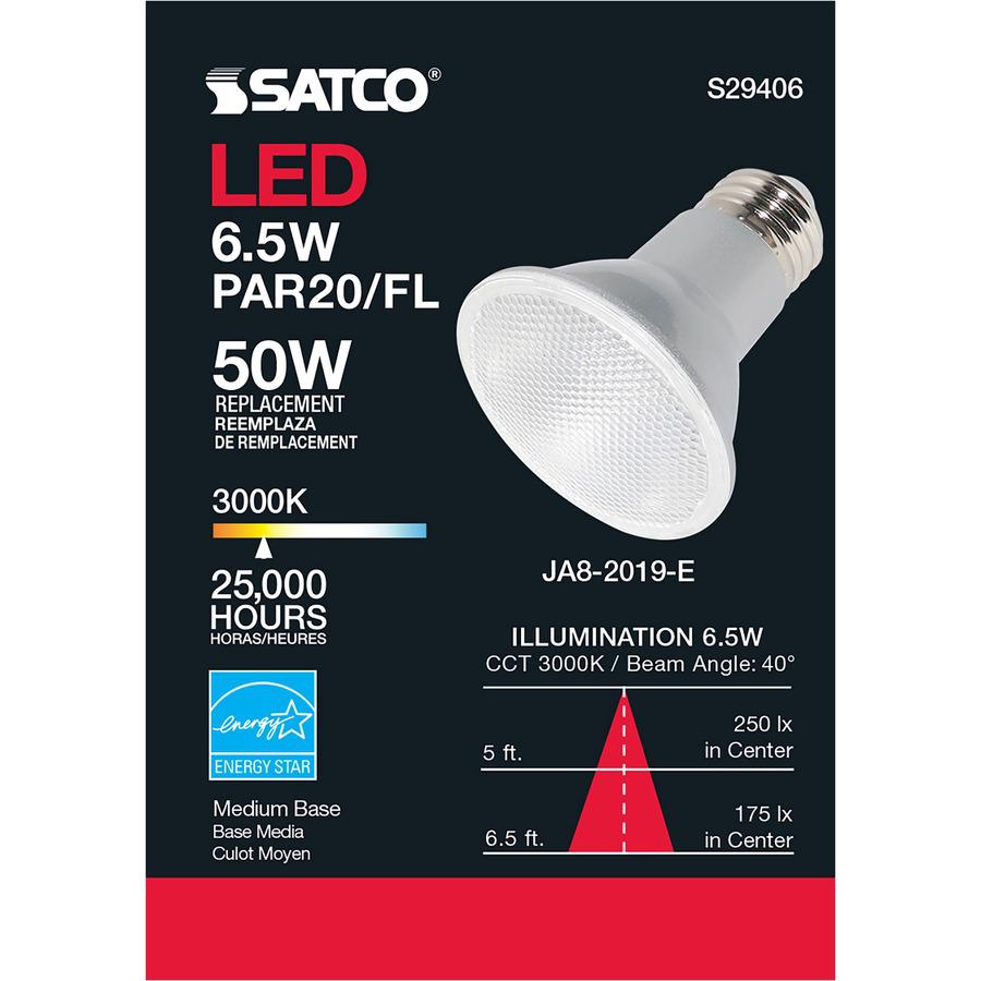 Satco 6.5W PAR 20 LED Bulb - 6.50 W - 50 W Incandescent Equivalent Wattage - 120 V AC - 520 lm - Parabolic Reflector - PAR20 Size - Clear - Warm White Light Color - E26 Base - 25000 Hour - 4940.3&deg;. Picture 6