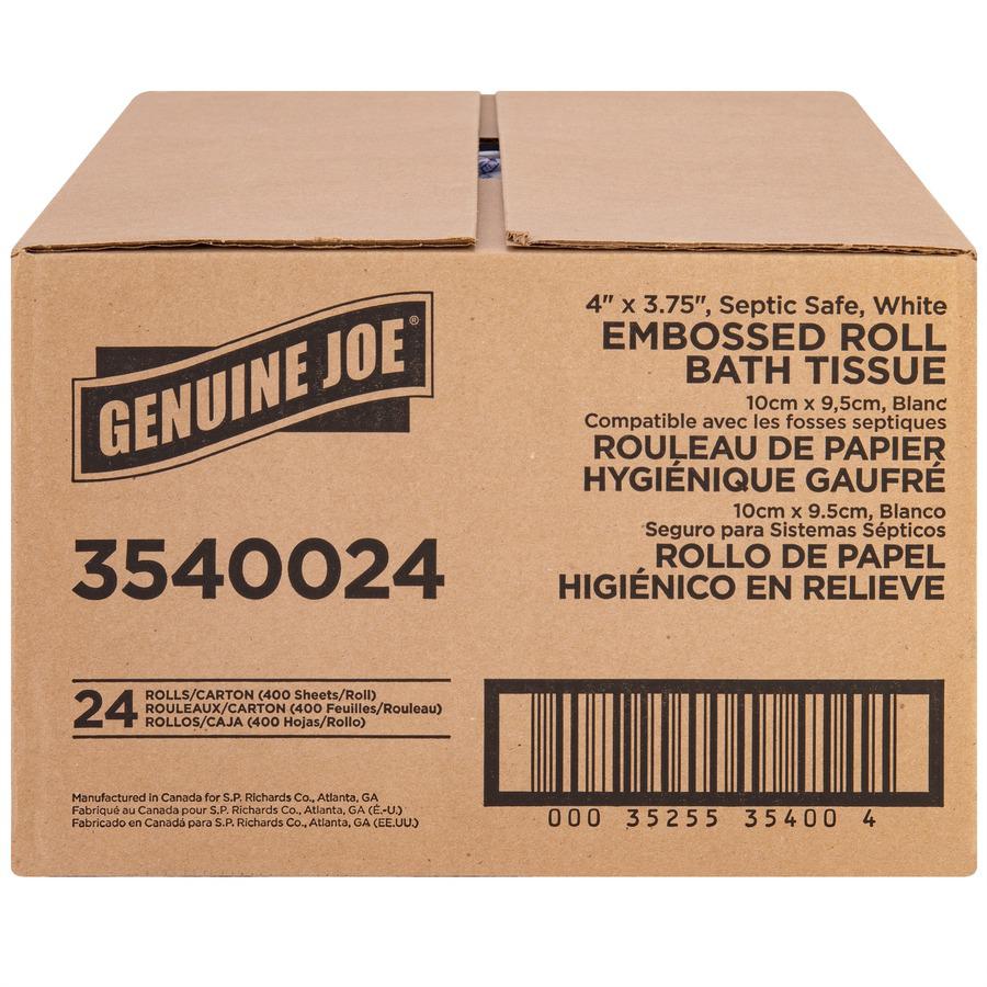 Genuine Joe 2-ply Bath Tissue Rolls - 2 Ply - 4" x 3.75" - 400 Sheets/Roll - White - Perforated, Absorbent, Soft, Sewer-safe, Septic Safe - For Bathroom, Restroom - 24 / Carton. Picture 6