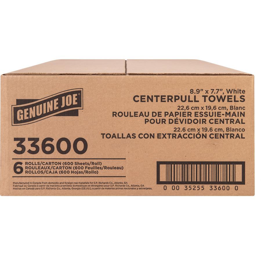 Genuine Joe Centerpull Towel Rolls - 600 Sheets/Roll - White - Virgin Fiber - 6 / Carton. Picture 8